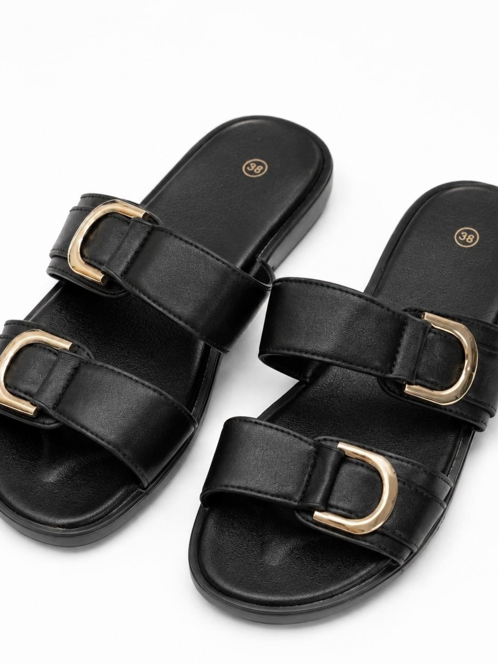 Aurelia Black Double-Band Slide Sandals with Gold Buckles